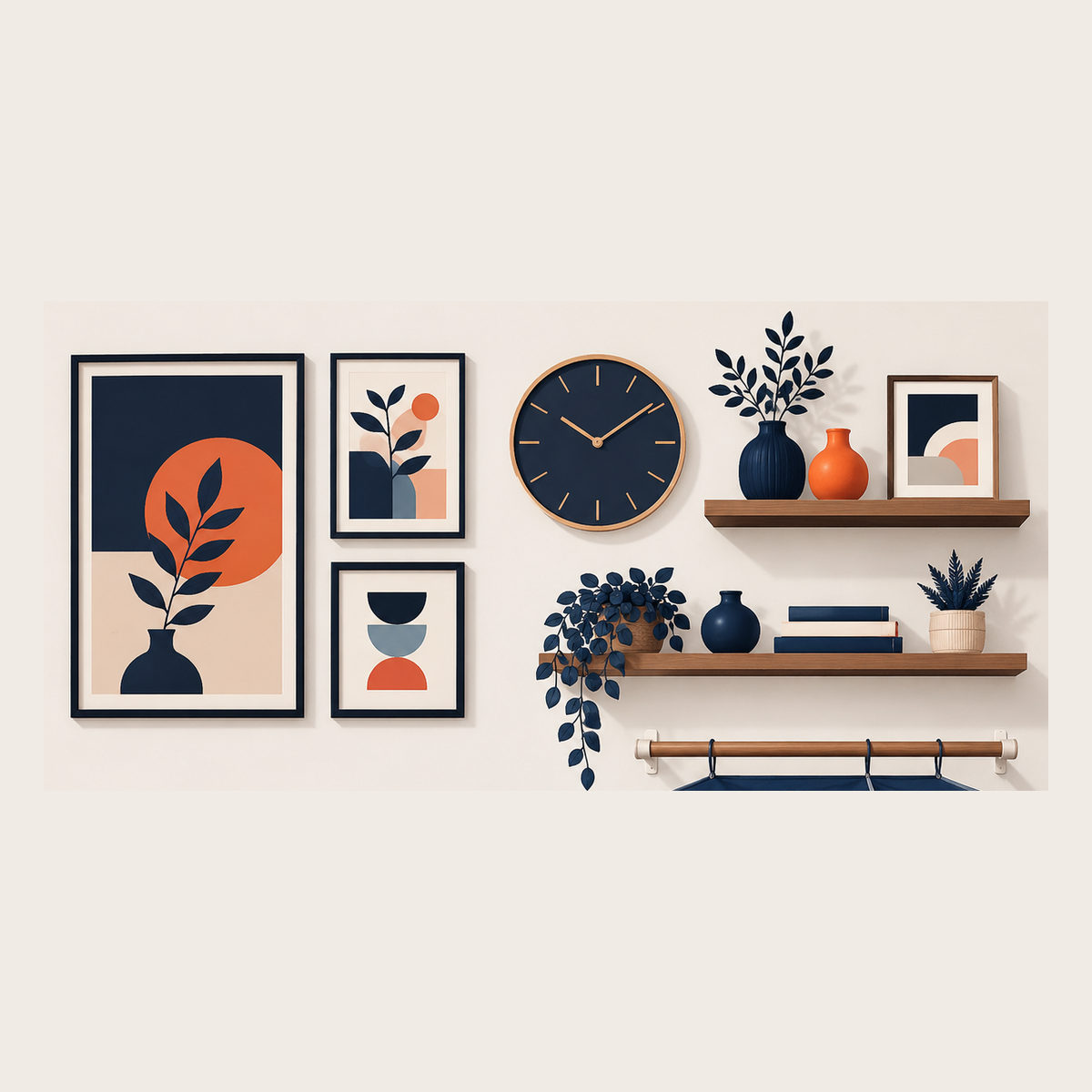 Wall Decor & Art collection - framed wall art, modern wall clock and wooden floating shelves in navy and coral