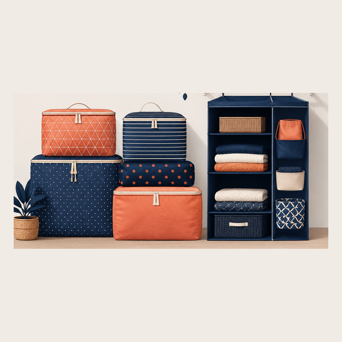 Storage & Organizers collection - stacked navy and coral fabric storage bags with a hanging closet organizer