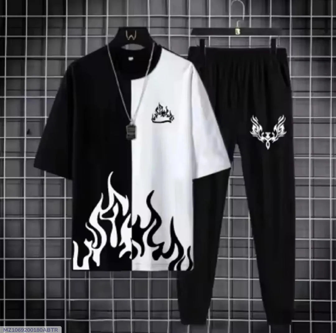 Black Flame Print Track Suit for Men Micro Interlock