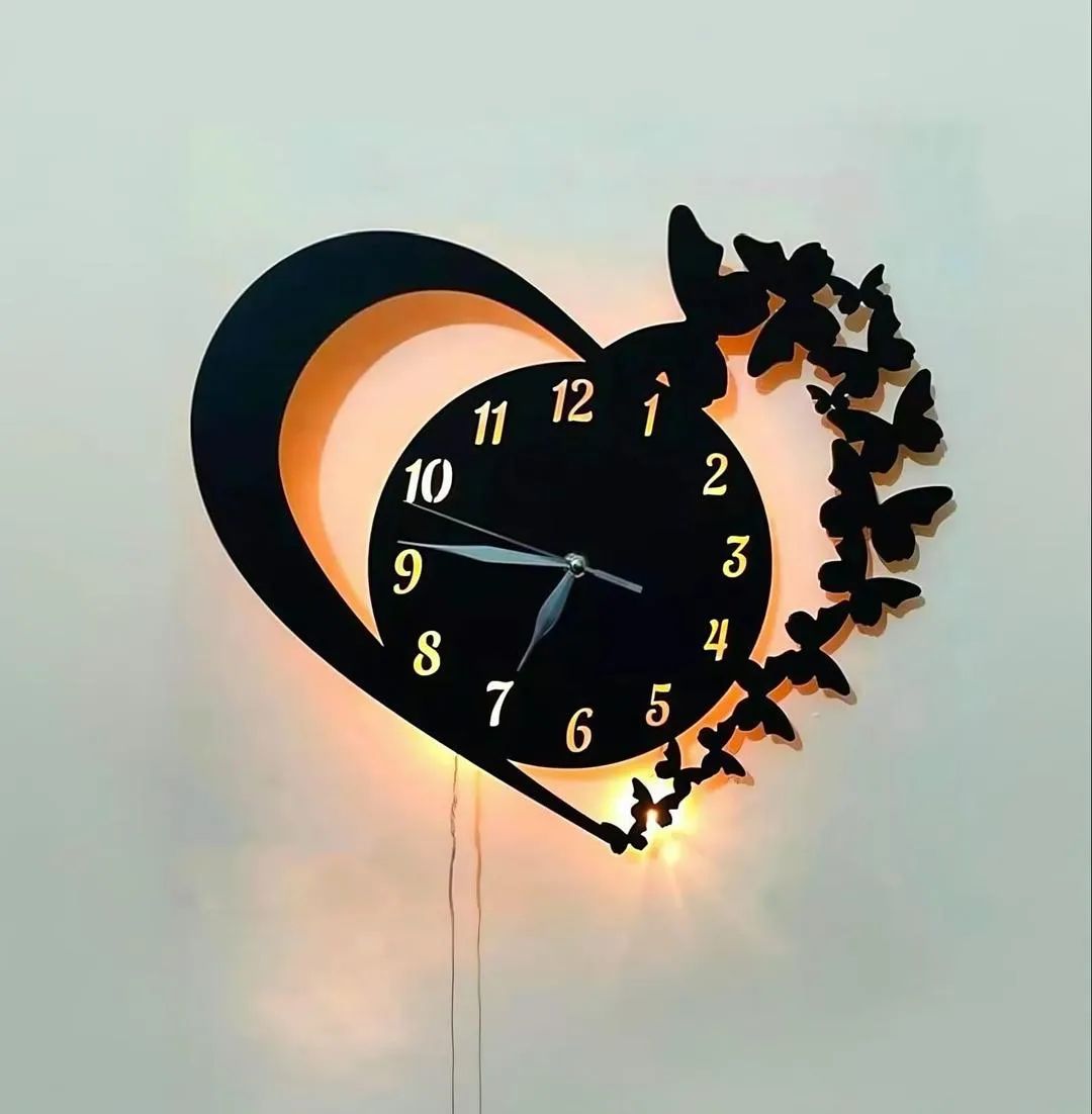 Heart & Butterfly Wall Clock Black