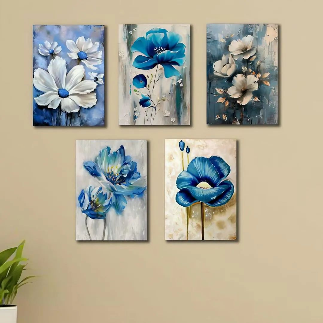 Set of 5 Blue Floral Wall Art Frames