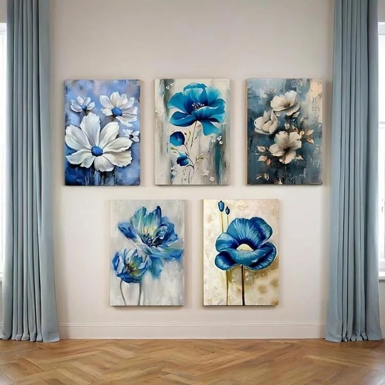 Set of 5 Blue Floral Wall Art Frames