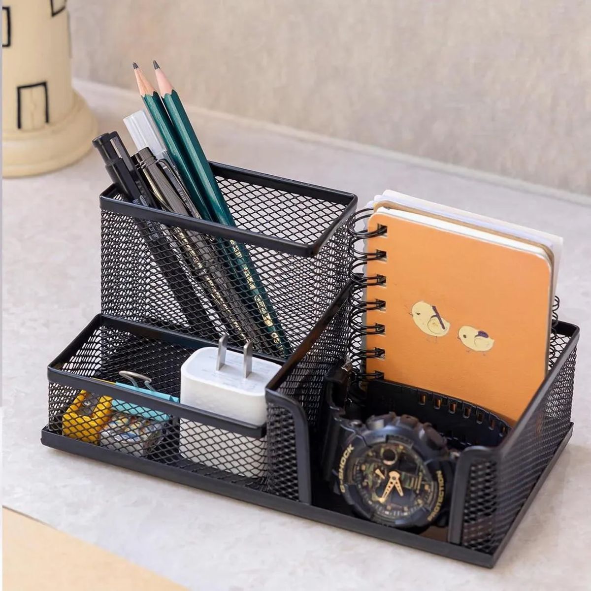 Black Mesh Desk Organizer - in use
